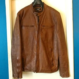 Leather cafe racer style motorcycle jacket